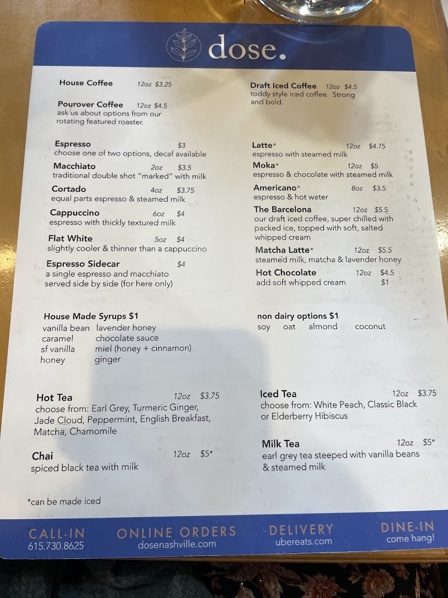 Dose Coffee Menu - Image 1